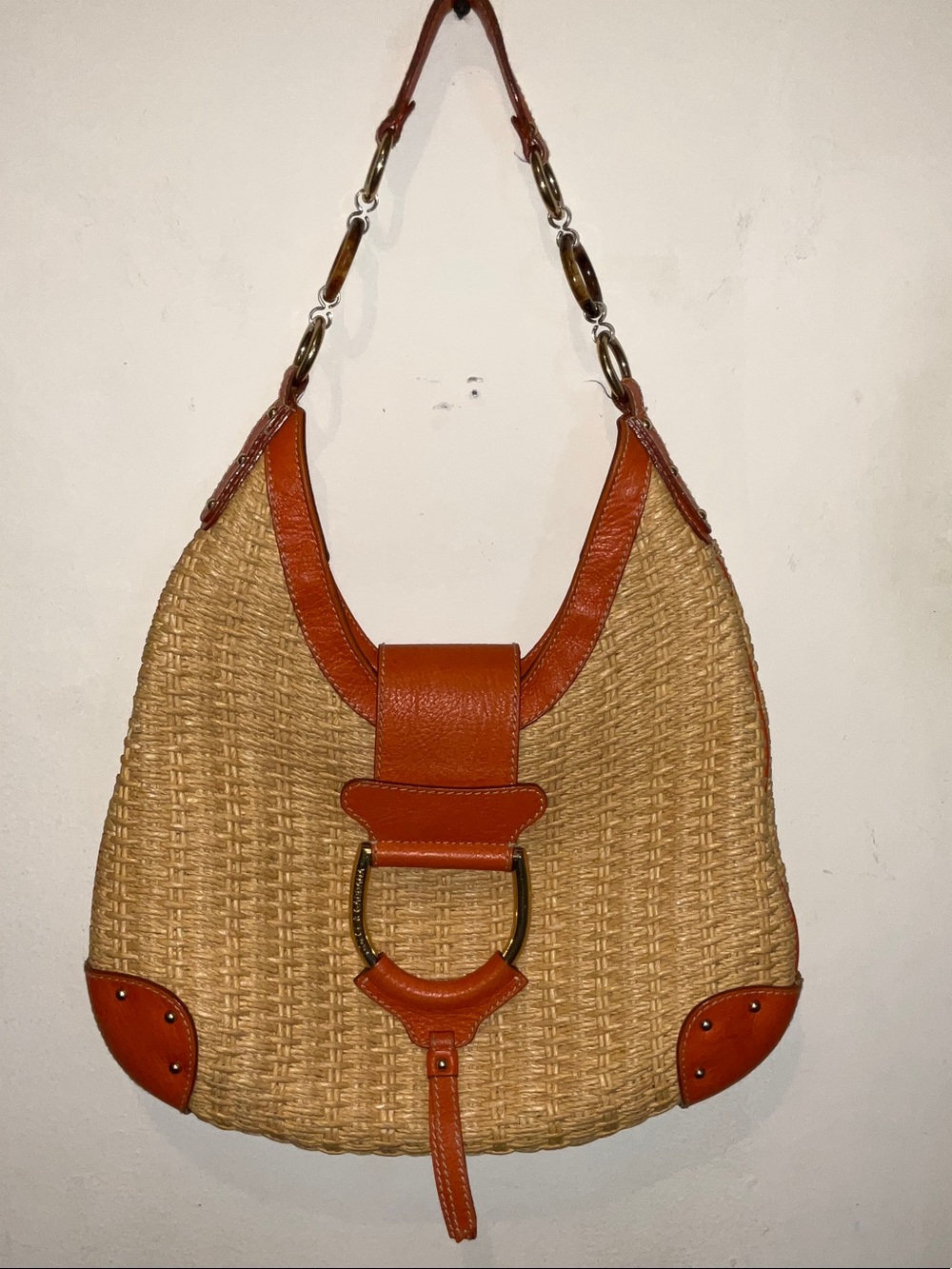 Dolce& Gabbana Vtg.Woven Straw Shoulder Bag with Orange Leather Trim - Picture 2 of 12
